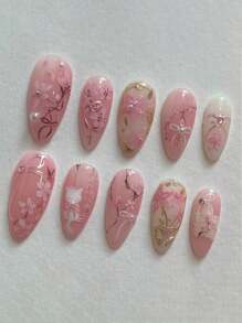 10片手工制作欧美风3D水滴珍珠蝴蝶结花朵装饰假指甲，女士及女孩适用，高端设计人造指甲，包含1瓶凝胶指甲油和1把指甲锉。按压式美甲，美甲用品，手工按压式美甲。 - 彩色 - 查看 3