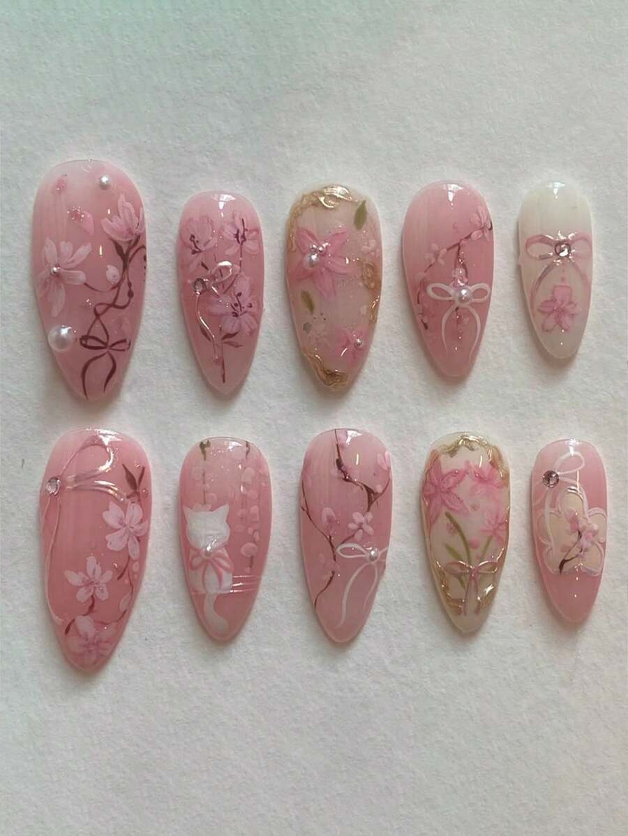 10片手工制作欧美风3D水滴珍珠蝴蝶结花朵装饰假指甲，女士及女孩适用，高端设计人造指甲，包含1瓶凝胶指甲油和1把指甲锉。按压式美甲，美甲用品，手工按压式美甲。