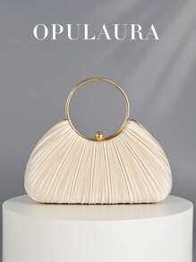 OpulAura 女士高端金属晚宴包，奢华皮革宴会手拿包，迷人闪亮正式手拿包，适合礼服、舞会、派对、婚礼、新娘、伴娘、生日礼服搭配 - 杏色 - 查看 7