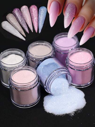 6罐冬季美甲羊毛闪粉，6罐闪亮糖粉 - 仿珍珠树脂颜料，适用于硅胶模具填充，6色42克糖粉，DIY美甲闪粉，美甲工艺，珠宝制作 - 闪亮沙粒效果美甲
