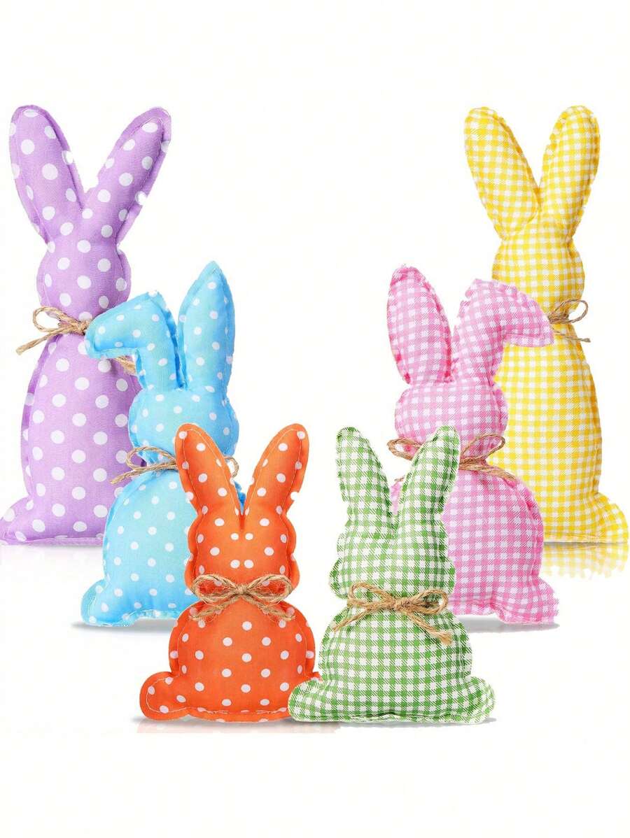 2 件/套 - 乡村风格复活节兔子装饰农舍毛绒布兔子装饰波尔卡圆点网格复活节篮子碗填充物适用于分层托盘书桌桌面婚礼家居复活节中心装饰 - 彩色 - 查看 1