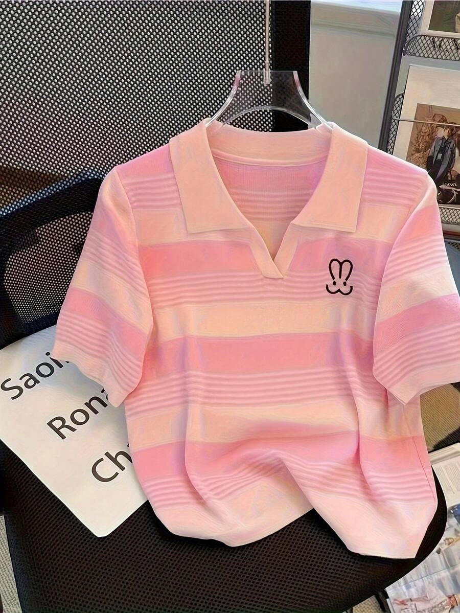 Summer Knit Short Sleeve Polo Collar T-Shirt For Women, Contrast Stripe & Embroidered - Pink - View 1