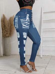 Plus Size Women Denim Effect Printed Ripped Distressed Design Fashionable Elastic Tight Casual Pants