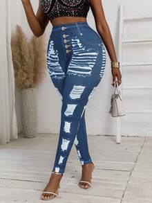 Plus Size Women Denim Effect Printed Ripped Distressed Design Fashionable Elastic Tight Casual Pants - Royal Blue - View 6