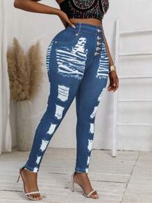 Plus Size Women Denim Effect Printed Ripped Distressed Design Fashionable Elastic Tight Casual Pants