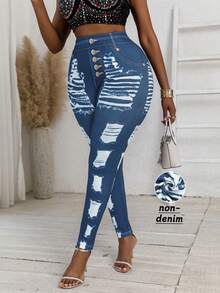 Plus Size Women Denim Effect Printed Ripped Distressed Design Fashionable Elastic Tight Casual Pants - Royal Blue - View 2