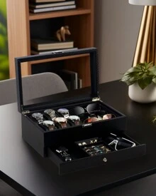 GUKA Watch Box, 6 Slot Watch Case, 3 Slot Sunglass Organizer, Watch Cases For Men With Real Glass Lid, Watch Organizer Storage With Jewelry Case, Birthday For Men And Women, Back To School Dormitory Storage