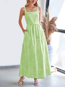 Women's Summer Long Skirt With Waist Waist And Thin Shoulders Plaid Square Collar A-Line Pleats Casual Holiday Sundress - 綠色 - 查看 3