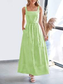 Women's Summer Long Skirt With Waist Waist And Thin Shoulders Plaid Square Collar A-Line Pleats Casual Holiday Sundress - 綠色 - 查看 1