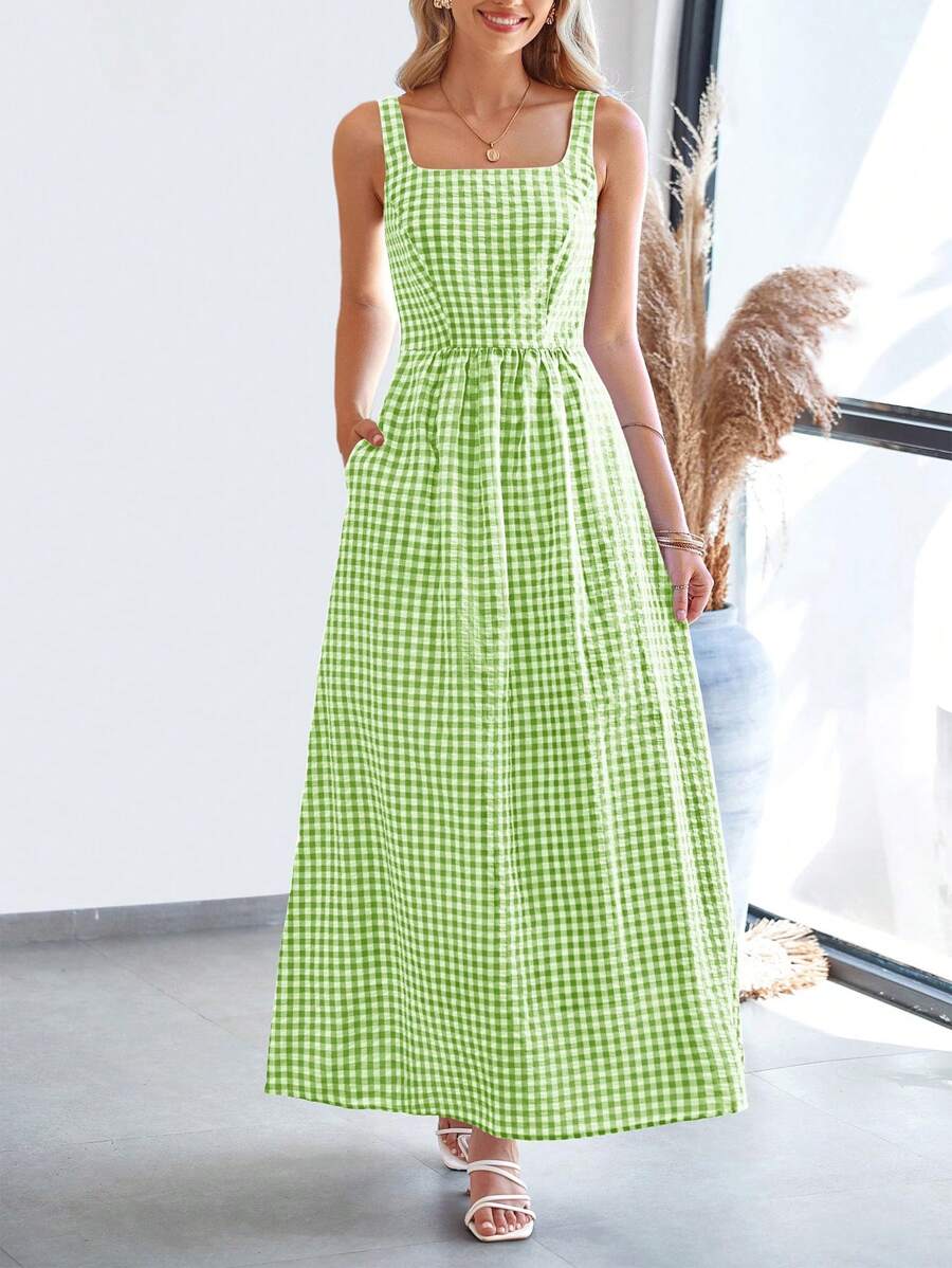 Women's Summer Long Skirt With Waist Waist And Thin Shoulders Plaid Square Collar A-Line Pleats Casual Holiday Sundress - 綠色 - 查看 1
