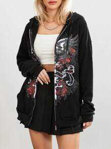 Women Y2k Goth Zip Up Hoodie Fairy Grunge Oversized Hooded Sweatshirt Adults Casual Skull Graphic Printed Long Sleeve Jacket With Pockets Gothic 90s Clothes For Teen Girls Streetwear Fall Spring Outerwear - màu đen - Xem 8