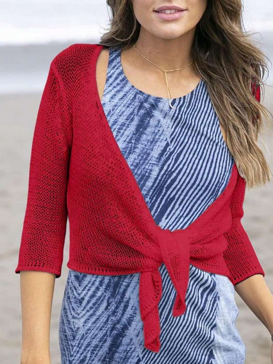 Women's Tie Front Shrug 3/4 Sleeve Bolero Sheer Knotted Lightweight Cardigan Sweaters Short Shawl Tops Christmas Gift & New Year Gift - 紅色 - 查看 1