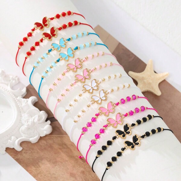 12pcs Colorful Butterfly Crystal Handmade Braided Bracelets Set, Cute Fashion Accessory For Women, Leisure, Holiday, Birthday Gift