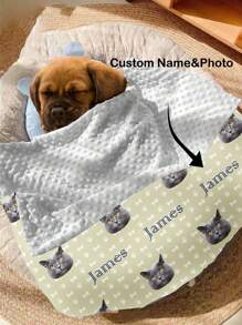 1pc Personalized Cat/Dog Blanket, Double-Layer Plush Cover Blanket With Custom Name And Photo, Soft Name Blanket, Paw Print, Bone Design, Double-Layer Pet Blanket, Memorial Gift, Personalized Pet Gift, Christmas Gift Blanket, New Year Gift, Best Friend Blanket