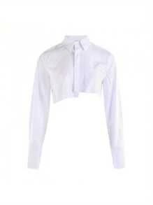 Women Crop Shirt, Turn Down Collar Exposed Navel Solid Color Irregular Design Spring Clothing - White - View 1