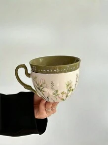 1 套复古乡村风格绿百合陶瓷咖啡杯碟带盖，大容量牛奶杯适合家庭、办公室、纪念品礼物、生日、甜品店、下午茶、派对、宿舍、送朋友返校 - 綠色 - 查看 3