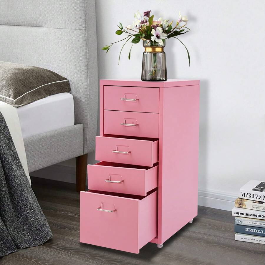 Storage Cabinet With 5 Drawers, Metal Drawer Organizer With Wheels 28*41*69cm, Pink Multi-Use Storage Cabinet For Living Room Study Room Bathroom Steel Made Durable Easy Installation - Hồng - Xem 1