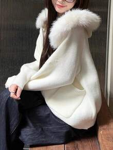 Cozy Fur Collar Hooded Knit Sweater Cardigan For Women, Loose And Slimming, Autumn