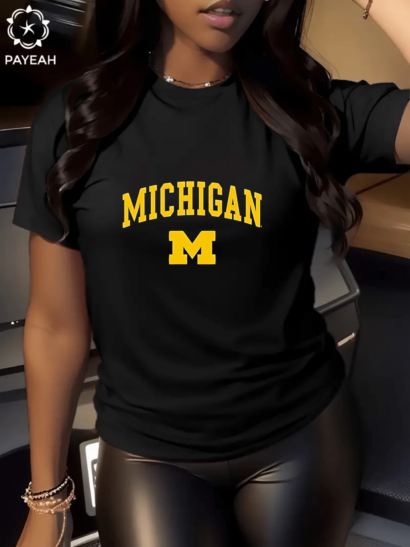 Payeah 1Pcs Michigan Mi Varsity Style Maize Font Digital Print Women's 100% Cotton Short-Sleeved T-Shirt 220g - Black - View 1