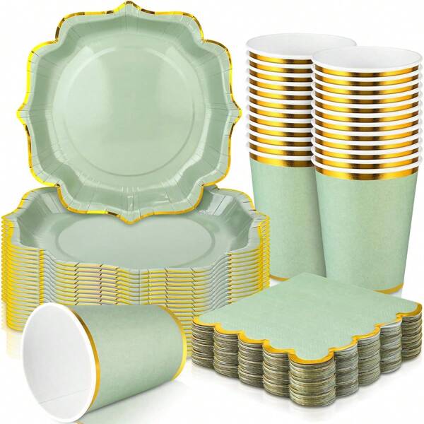 10/20/50 Stücke, salbeigrüne gewellte Pappteller mit goldenem Rand, 9 Zoll Einwegteller, 7 Zoll Einwegteller und Servietten. Dekorative gewellte Kuchenteller, Dessert-Pappteller für Geburtstag, Hochzeit, Babyparty, Partyzubehör (Salbeigrün)