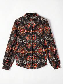 CILKOO Spring Style Extra-Long Lantern Sleeve Printed Casual Thin Shirt Top - Black - View 3