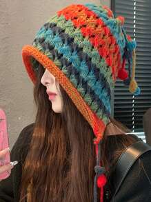 1 波西米亚风女款彩虹色针织帽秋冬流苏条纹钩针针织帽适合自己穿衣打扮情侣帽， - 彩色 - 查看 3