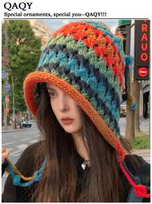 1 波西米亚风女款彩虹色针织帽秋冬流苏条纹钩针针织帽适合自己穿衣打扮情侣帽， - 彩色 - 查看 1