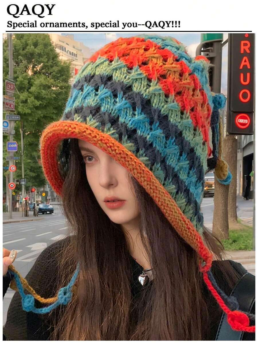 1 波西米亚风女款彩虹色针织帽秋冬流苏条纹钩针针织帽适合自己穿衣打扮情侣帽， - 彩色 - 查看 1