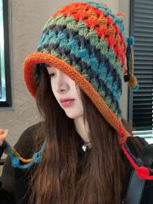 1 波西米亚风女款彩虹色针织帽秋冬流苏条纹钩针针织帽适合自己穿衣打扮情侣帽， - 彩色 - 查看 2