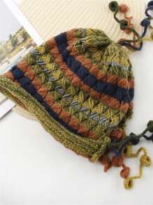 1 波西米亚风女款彩虹色针织帽秋冬流苏条纹钩针针织帽适合自己穿衣打扮情侣帽， - 彩色 - 查看 7