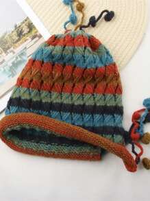 1 波西米亚风女款彩虹色针织帽秋冬流苏条纹钩针针织帽适合自己穿衣打扮情侣帽， - 彩色 - 查看 6