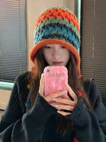 1 波西米亚风女款彩虹色针织帽秋冬流苏条纹钩针针织帽适合自己穿衣打扮情侣帽， - 彩色 - 查看 5