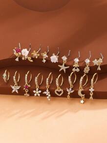 1-8 件银心与花多元素铜锆石鼻环，18K 镀金鼻钉，适合女性日常佩戴和夏季礼物 - 銀色 - 查看 4