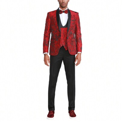 Mens Tuxedo 3pc Skinny Fit Satin Shawl Collar Floral Jacket With Matching Vest  Solid Pants Tuxedo Set
