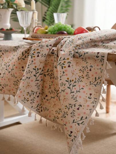MeijiaMo 1 件花卉印花矩形桌布，涤纶波西米亚风格卡通花卉印花装饰餐垫桌布，适用于卧室、酒店、厨房、餐厅、派对、节日、咖啡桌、圆桌、所有季节