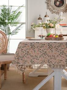 MeijiaMo 1 件花卉印花矩形桌布，涤纶波西米亚风格卡通花卉印花装饰餐垫桌布，适用于卧室、酒店、厨房、餐厅、派对、节日、咖啡桌、圆桌、所有季节