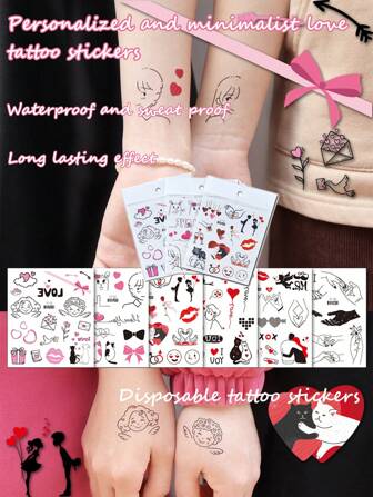 1 pieza Pegatina de tatuaje minimalista y personalizado de amor, pegatina de tatuaje temporal desechable a prueba de agua y sudor, patrones de labios rojos simples, amor, pareja y otros, adecuado para el Día de San Valentín, citas en pareja, regalos de amor, etc.