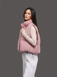 Women Winter Jacket, Warm Clothing For Cold Weather, Simple & Versatile Padded Vest, Classic & Fashionable Solid Color Sweater - Pink - View 4
