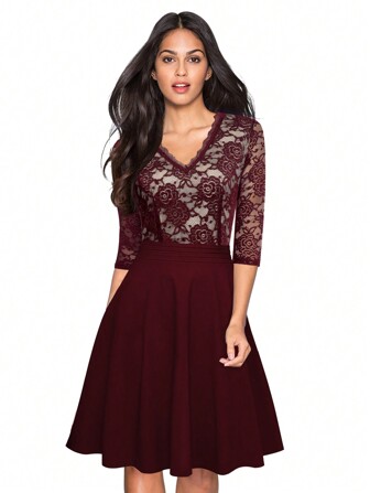 Women's Chic V-Neck Patchwork Flare Party Dress