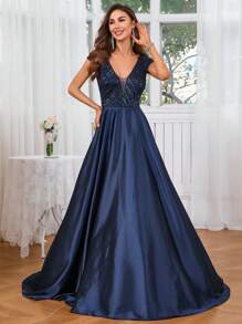 Women's Summer Satin High-Low V-Neck Formal Ball Gown Dress Prom Evening Wedding Guest Dress, For Graduation, Dinner, Party Dress - Navy Blue - View 4