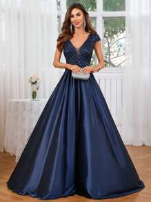 Women's Summer Satin High-Low V-Neck Formal Ball Gown Dress Prom Evening Wedding Guest Dress, For Graduation, Dinner, Party Dress - Navy Blue - View 1