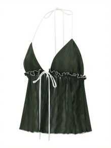 Women's Split Front Halter Tops Ruffle Detailing Backless Slim Fitted Crop Camisole - 軍綠色 - 查看 4