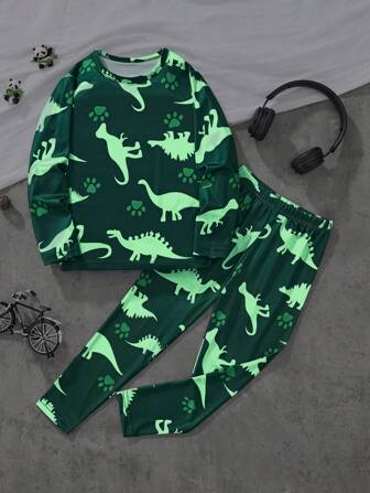 男童休闲长袖上衣和裤子套装，卡通恐龙夜光印花图案，时尚春夏