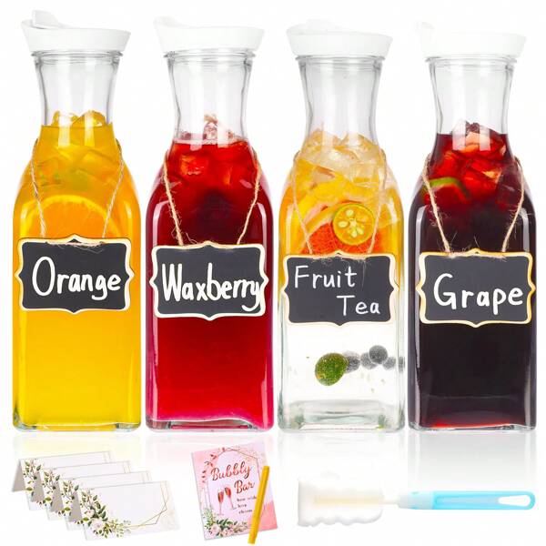 Set Of 4 Glass Carafe With Lids, 1.5 L (50oz)  Beverage Serveware Carafe, Clear Glass Pitcher For Mimosa Bar, Iced Tea, Cold Beverage, Milk