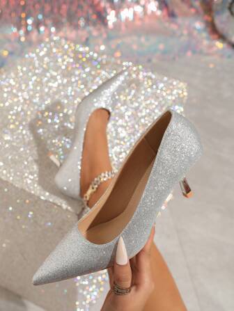 Elegant Silver High Heel Shoes For Women, New Model French Style Wedding Qipao/Bridal Gown Dual-Use Crystal Rhinestone Pointed Toe Low Vamp Bridal Shoes