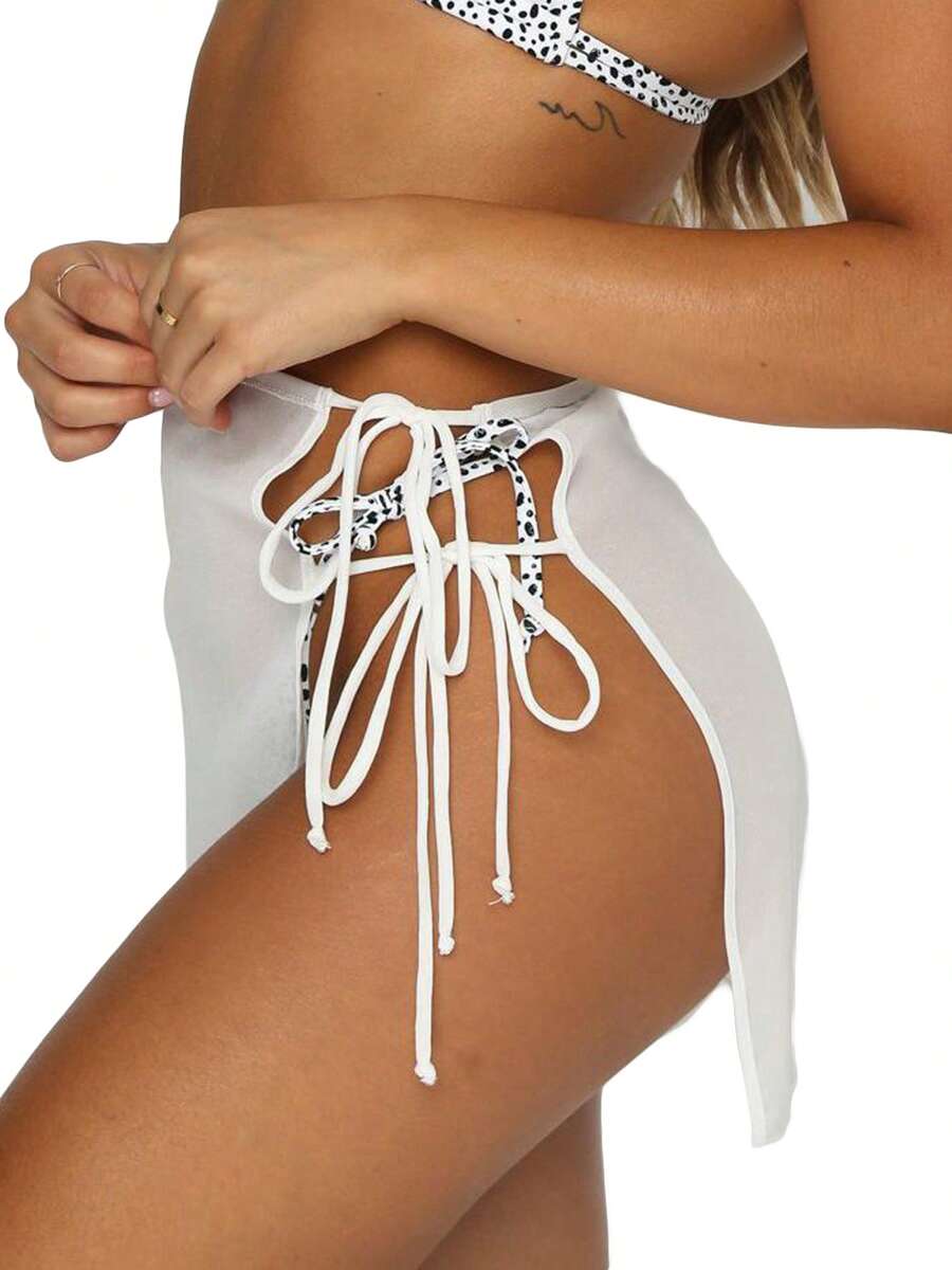 See Through Lace Up Sheer Skirts Swimsuit Cover-Ups Solid Color Women Beach Skirts Summer Female High Waist Mini Cover Ups - trắng - Xem 1