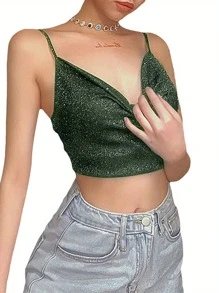 Women Summer Crop Top Black Shiny Spaghetti Straps Low Cut V-Neck Form-Fitting Tank Top For Girls - 墨綠色 - 查看 4