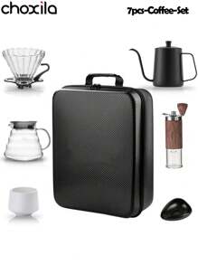 choxila 咖啡套装，15 件套带工具箱的咖啡滴滤套装，2 号手冲咖啡套装，V02 壶嘴咖啡套装，手冲咖啡配件套件，V02 咖啡套装包括咖啡滴滤器、咖啡服务器、咖啡过滤器、研磨机、咖啡托盘、咖啡杯、电子秤、咖啡勺、温度计、喷雾瓶、清洁布、咖啡垫、便携式咖啡收纳盒、滤纸和清洁刷。