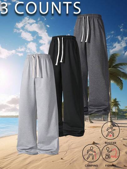 3 件套春秋季宽松直筒阔腿裤青少年男孩休闲纯色潮流青年长裤