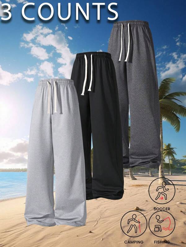 3pcs Spring/Autumn Loose Straight Leg Wide Leg Pants For Teenage Boys, Casual Solid Color Youth Long Trousers